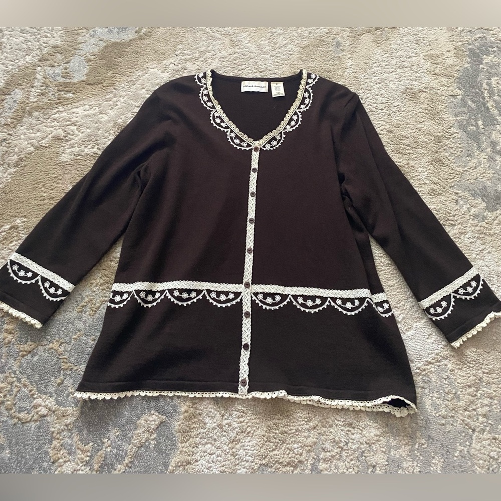 Vintage Alfred Dunner Brown Wool Blend Crochet Trim Blouse M